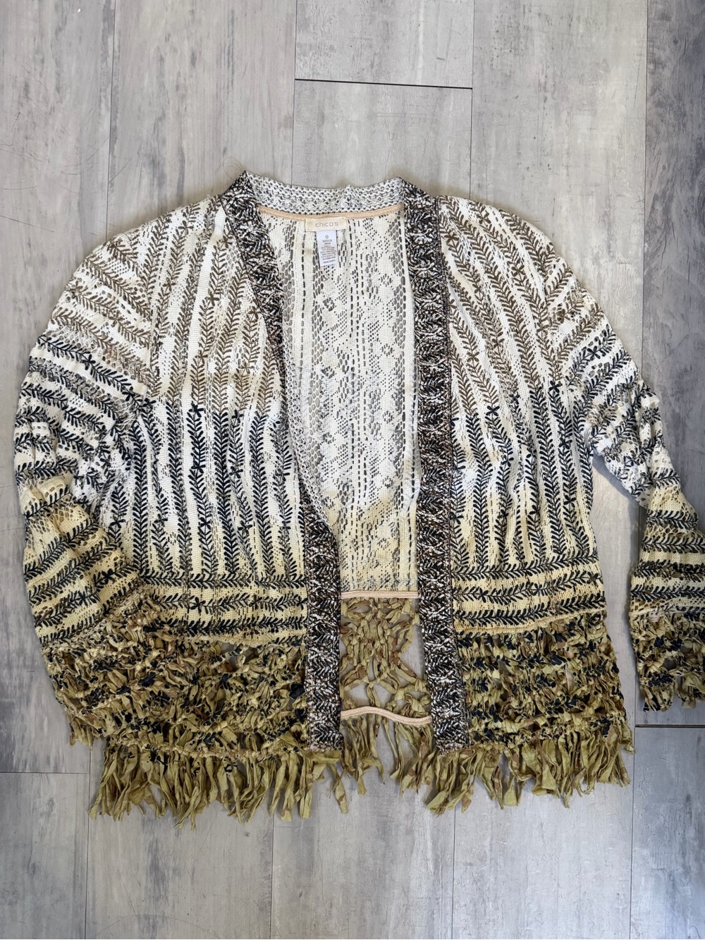 Chico's Open-Front Fringe Cardigan in Cream, Black & Olive